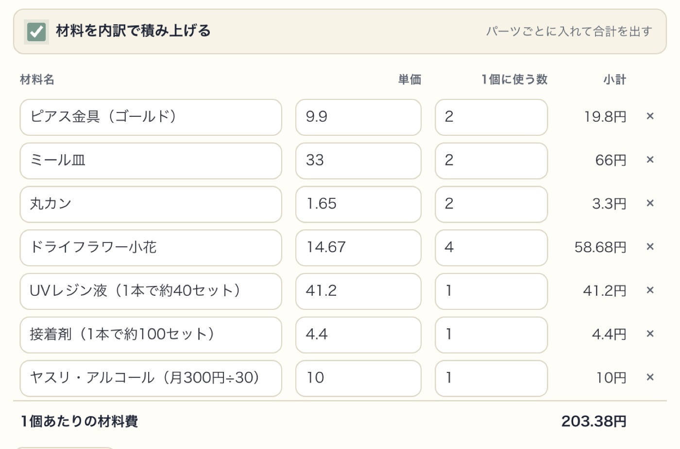 値付けそろばんの「材料を内訳で積み上げる」欄に、この記事のピアスの材料7行を入れたところ。単価×1個に使う数の小計と、1個あたりの材料費203.38円が自動で出ている